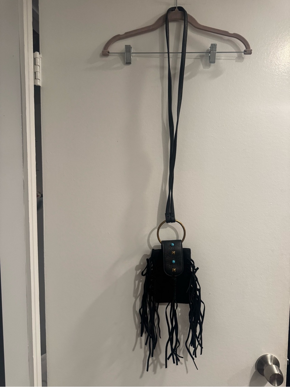 Mudd Black Fringe Crossbody Bag Gold Ring Accent Boho Western Shoulder Purse